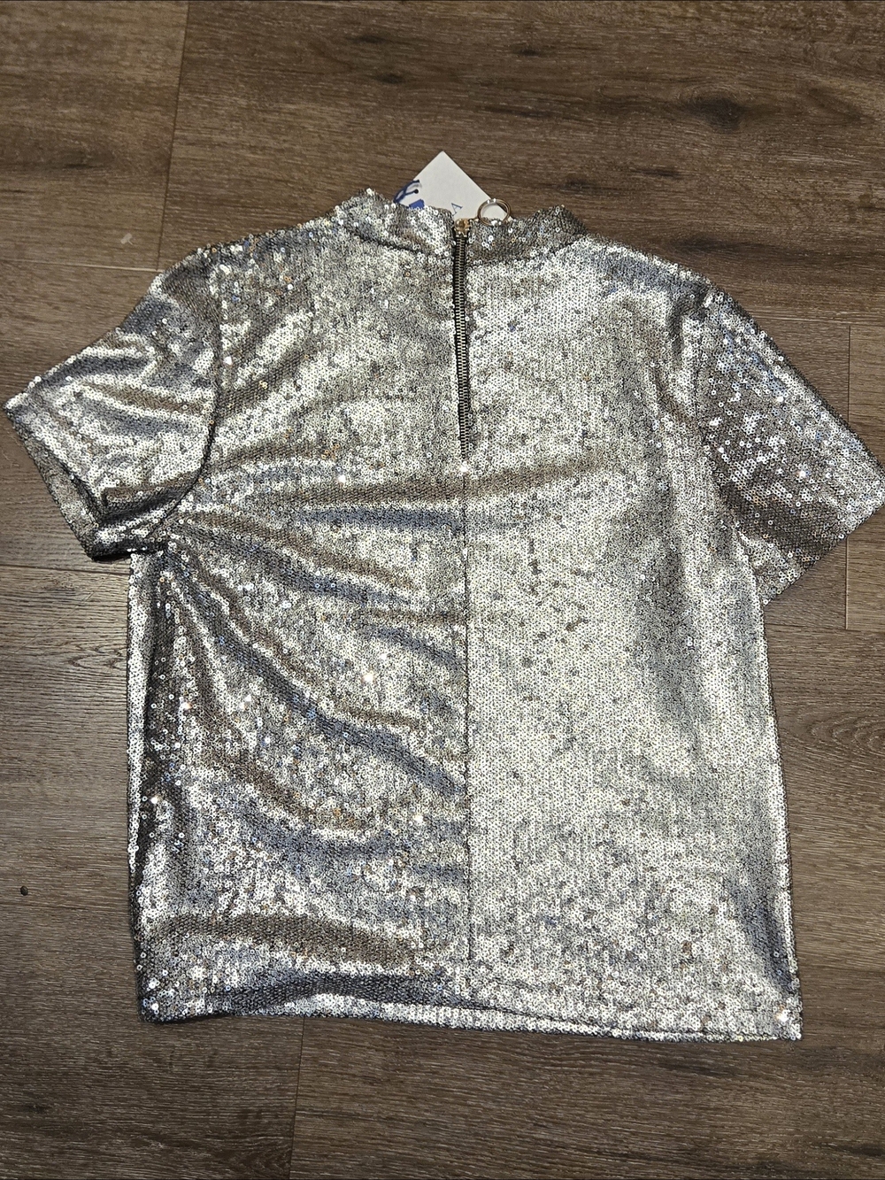 Zara Trafaluc Silver Sequin Short Sleeve Top - NWT - Picture 4 of 5